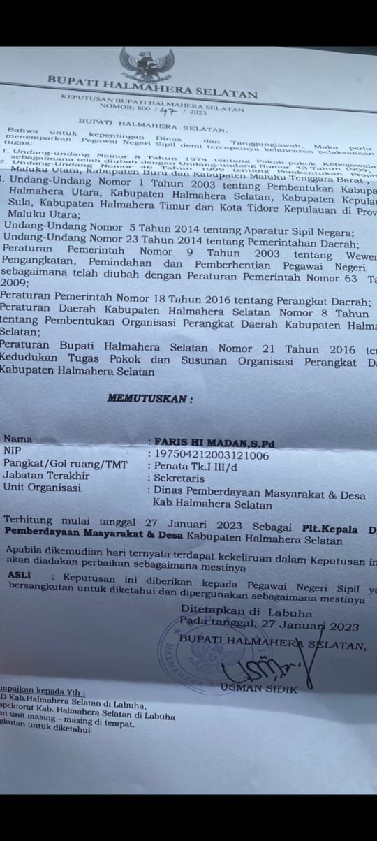 SK Pergantian Plt Kadis PMD Halsel 
