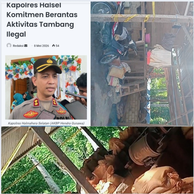 Ket: Kapolres Halsel Disudut Fakta Lapangan: Police Line Masih Terpasang, Tambang Emas Kubung Diduga Tetap Beroperasi.