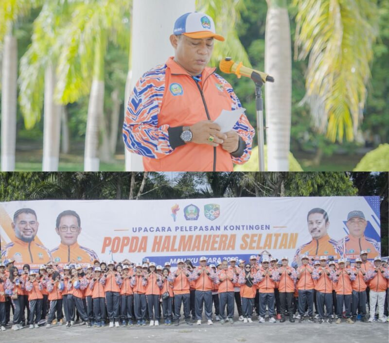Ket: Kepala Dinas Pemuda dan Olahraga Halmahera Selatan, Noce Totononu, dan Rombongan Kontingen Popda XII Kab.Halmahera Selatan.