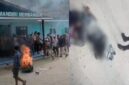 Ket:foto Massa membakar ban bekas di depan kantor PT Gelora Mandiri Membangun (PT GMM) saat aksi unjuk rasa, Jumat (23/10/2026), menyusul insiden kecelakaan kerja yang menewaskan seorang karyawan. Massa mendesak evaluasi menyeluruh terhadap keselamatan kerja dan manajemen perusahaan.