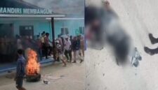 Ket:foto Massa membakar ban bekas di depan kantor PT Gelora Mandiri Membangun (PT GMM) saat aksi unjuk rasa, Jumat (23/10/2026), menyusul insiden kecelakaan kerja yang menewaskan seorang karyawan. Massa mendesak evaluasi menyeluruh terhadap keselamatan kerja dan manajemen perusahaan.