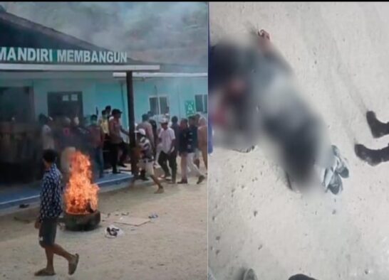 Ket:foto Massa membakar ban bekas di depan kantor PT Gelora Mandiri Membangun (PT GMM) saat aksi unjuk rasa, Jumat (23/10/2026), menyusul insiden kecelakaan kerja yang menewaskan seorang karyawan. Massa mendesak evaluasi menyeluruh terhadap keselamatan kerja dan manajemen perusahaan.